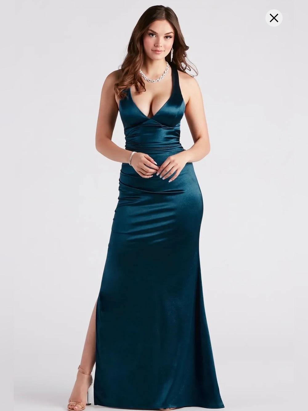Windsor Teal Formal Glitter Satin Mermaid Dress